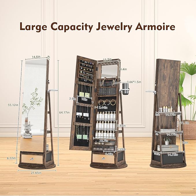360° Swivel Jewelry Cabinet Standing Full-Length Jewelry Armoire | with Lights Standing Jewelry Armoire Organizer Foldable Makeup Shelf, Coffee