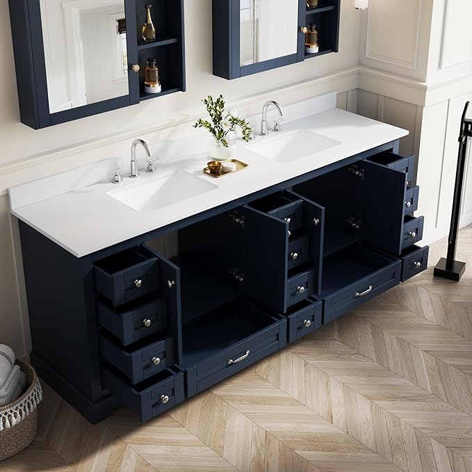 WELLFOR 84 Inch Bathroom Vanity with Double Sinks, Bathroom Freestanding Vanity W/4 Soft-Close Doors and 14 Drawers, Large Storage Space Vanity, Cultured Marble Countertop Vanities (Navy Blue)