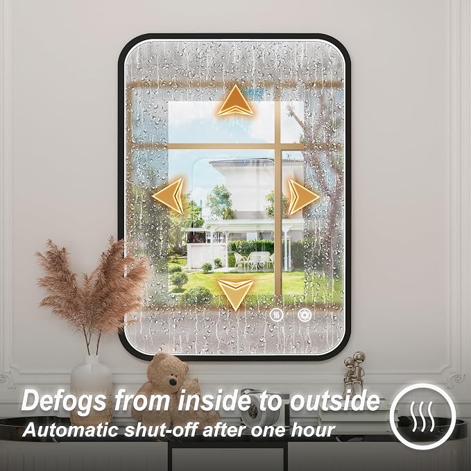 20x28 Inch Black LED Bathroom Mirror with 3 Color Lights | 3000K/4500K/6000K,Stepless Dimmable,Anti-Fog,Memory Function,Aluminum Frame,ETL Listed,Wall Mounted Lighted Vanity Mirror
