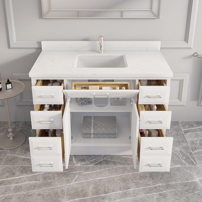 Capri III 48" Single Sink Bathroom Vanity With Stealth Organizer, Solid Wood Bathroom Cabinet with Engineered Stone Countertop & Backspalsh, Soft Closing Door & Drawer, Pre-Assembled, White