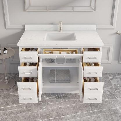 Capri III 48" Single Sink Bathroom Vanity With Stealth Organizer, Solid Wood Bathroom Cabinet with Engineered Stone Countertop & Backspalsh, Soft Closing Door & Drawer, Pre-Assembled, White