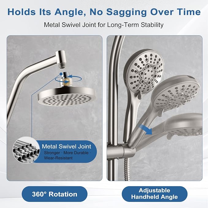 BRIGHT SHOWERS Rain Shower Head with Handheld Combo, Dual Shower System with Slide Bar, Rain Shower System, Adjustable Height, Brass Slide Bar & Diverter, 60 Inch Stainless Steel Hose, Brushed Nickel