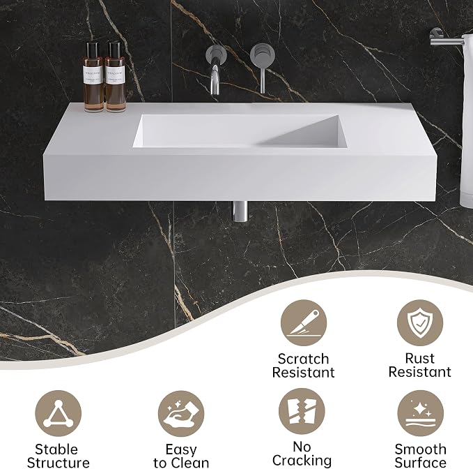 35"X19" Wall Mount Sink, Stone Bathroom Sink without Holes | Matte Bathroom Vanity Vessel Sinks Rectangle, Modern Floating or Countertop Freestanding Wall Hang Sink Bowl