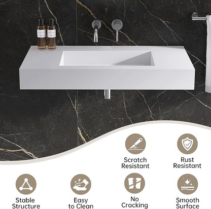 47"X19" Wall Mount Sink without Hole, Stone Bathroom Sink | Matte Bathroom Vanity Vessel Sinks, Artificial Stone Rectangle Floating Sink, Countertop Freestanding Wall Hang Sink Bowl