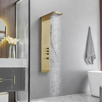 BWE 3 IN 1 Shower Panel Stainless Steel Shower Panel Tower System | Rainfall Shower Head with Handheld Shower and Rain Massage Body Jets Wall Mount Shower System,Brushed Gold