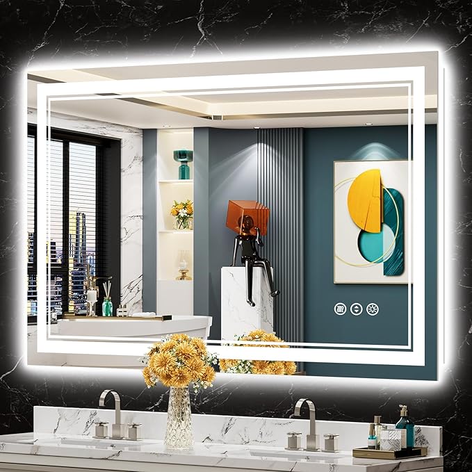 48x30 LED Bathroom Mirror with Lights, Backlit and Front Lit Anti-Fog Lighted Vanity Mirrors for Bathroom Wall, Dimmable, 3-Color Light, Memory, Shatter-Proof, HD Tempered Glass, CRI＞90