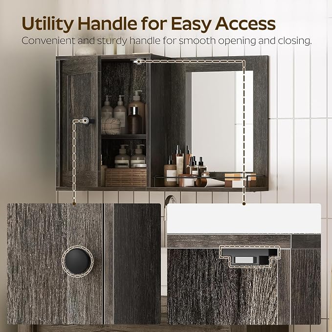 YATINEY Medicine Wall Cabinet with Mirror, Bathroom Mirror with Storage, Medicine Cabinet Mirror, Wall Mounted Home Storage, Adjustable Shelf, for Laundry Room, Bedroom, Camper, Hallway, Smoky Oak