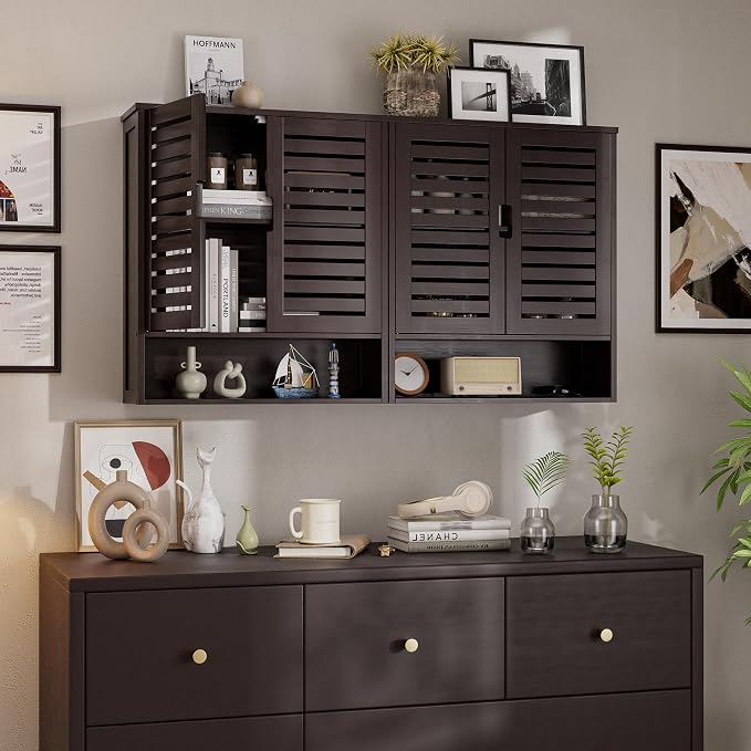 SMIBUY Bathroom Cabinet Wall Mounted, Bamboo Over-The-Toilet Storage Organizer, Space Saver Medicine Cabinet with 2 Door and Adjustable Shelves (Dark Brown)