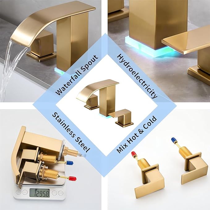 Brushed Gold Waterfall Bathroom Faucet 8 inch Widespread Vanity faucets Modern Faucet 3 Hole 2 Handle Gold Sink Faucet for Bathroom with LED(Brushed Gold)