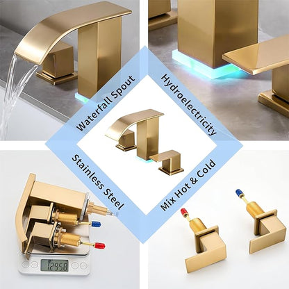 Brushed Gold Waterfall Bathroom Faucet 8 inch Widespread Vanity faucets Modern Faucet 3 Hole 2 Handle Gold Sink Faucet for Bathroom with LED(Brushed Gold)