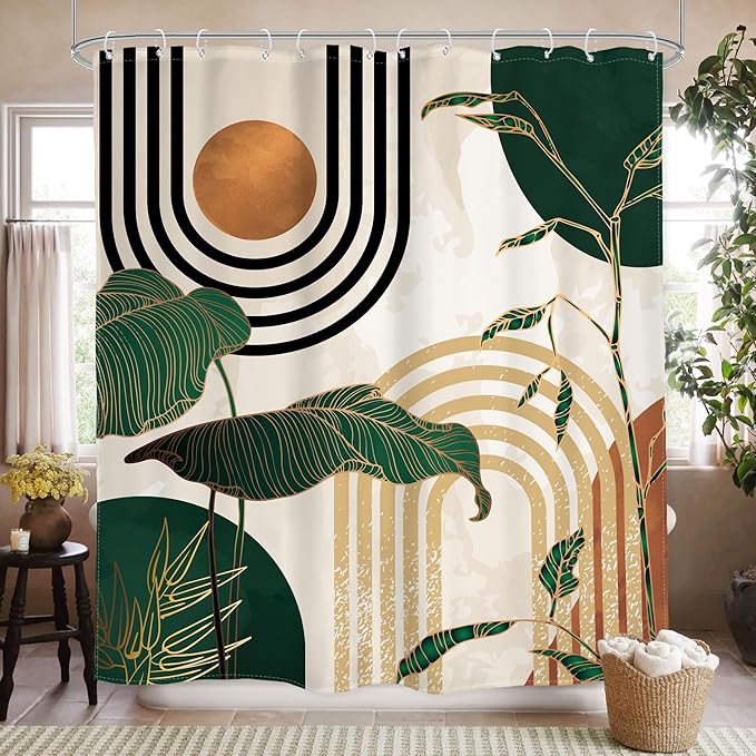 Glawry Abstract Mid Century Shower Curtain Green Retro Boho Tropical Palm Tree Sun Arch Bathroom Modern Minimalist Aesthetic 72Wx78L Inches Bath Accessories Art Home Decor Fabric 12 Pack Hooks