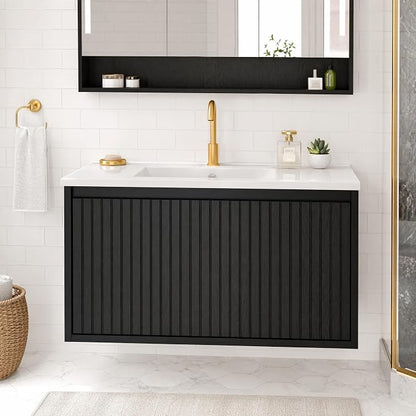 30 Inch Floating Bathroom Vanity with Ceramic Sink, Modern Striped Wall Mount Vanity Cabinet with Compartmentalized Storage Drawer, Black