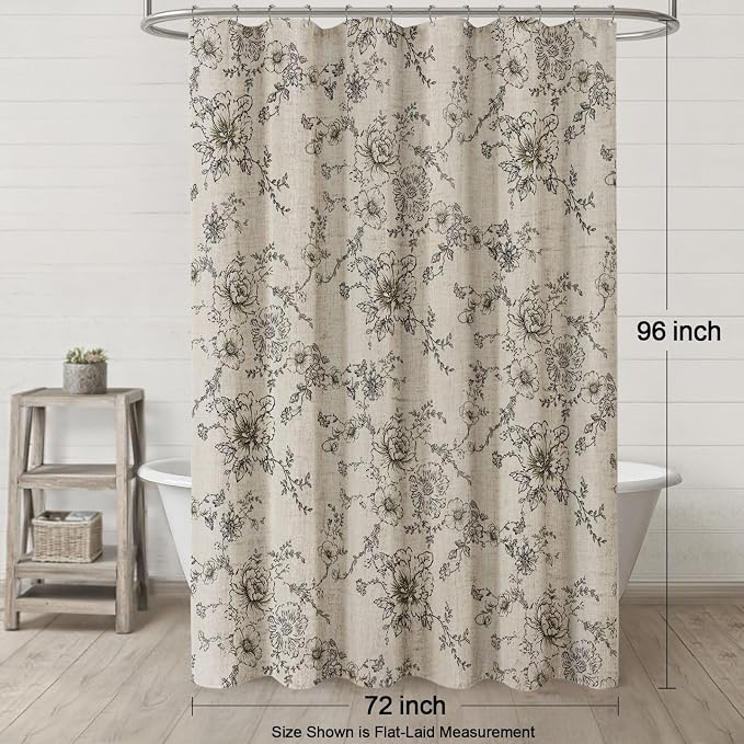 Farmhouse Floral Vintage Shower Curtain for Bathroom, Black and Tan Taupe | 72" W x 96" L, Elegant Boho Pattern Bath Curtain, Linen Fabric