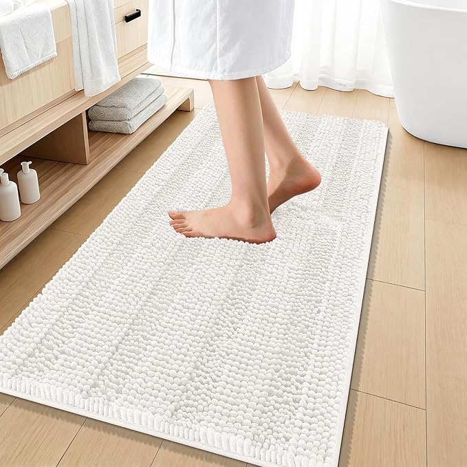 OLANLY Thick Bathroom Runner Rugs 47x20, Soft Chenille Bath Rugs, Ivory | Absorbent Striped, Rubber Backing, Machine Wash, Long Bath Mats for Bathroom Floor, Tub and Shower, Home Decor Accessories