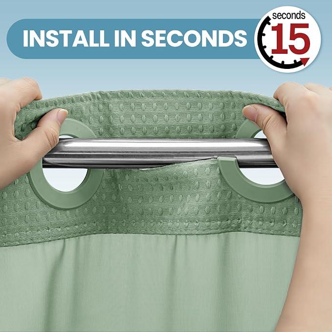 Heavyweight Waffle No Hook Shower Curtain with Liner, 71x74, Sage Green | Snap in Liner, 256GSM, Thick, Hotel Luxury Spa, Waterproof Fabric, Corner Magnets, 3 in 1 Set, Washable, Hang in Seconds