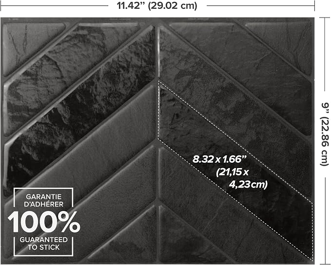 Smart Tiles Peel and Stick backsplash, Chevron Black, 11.43"x9" | Pack of 5 (3.5 sq ft), Matte & Glossy, Heat/Moisture Resistant, Low VOC, Kitchen/Bathroom, Renter Friendly, Made in Canada