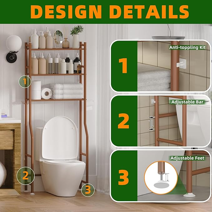 3-Tier Over Toilet Storage with Anti-Tilt Safety System - 150lb Total Capacity Metal Bathroom Shelves Including Paper Holder & 4 Hooks, Space Saving Above Commode Organizer (64" H, Bronze)