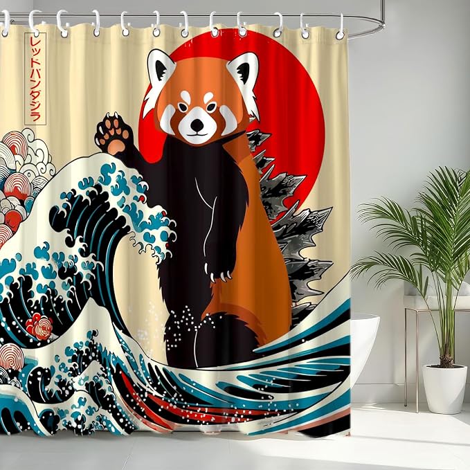 Funny Cute Red Panda Shower Curtain, Japan Animal Ocean Sea Wave Fabric Shower Curtains Set, Japanese Art Shower Curtains with Hooks, Kids Bathroom Art 72x72inch