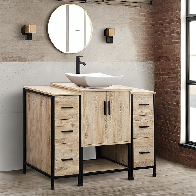 UEV 48" Rustic Oak Bathroom Vanity with Sink Combo,Industrial Iron Frame Bathroom Cabinet Sets with Double 3 Drawers Side Cabinet,Modern Artistic Ceramic Vessel Sink(032WH)