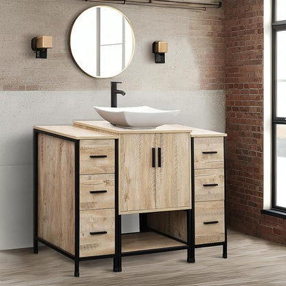 UEV 48" Rustic Oak Bathroom Vanity with Sink Combo,Industrial Iron Frame Bathroom Cabinet Sets with Double 3 Drawers Side Cabinet,Modern Artistic Ceramic Vessel Sink(032WH)