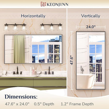 Keonjinn 48x24 Inch Black Bathroom Mirror for Over Sink, Square Corner | HD Tempered Glass, Vanity Mirror, Brushed Framed, Rectangular, Modern Farmhouse, Wall Mounted Mirrors, Aluminum Alloy