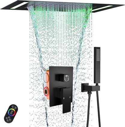 Matte Black LED Spa Shower System Rainfall Waterfall with Handheld | 20x14-Inch Luxury 2 Modes Showerhead with Ligh t Remote Control, 3 Way Mixer Valve