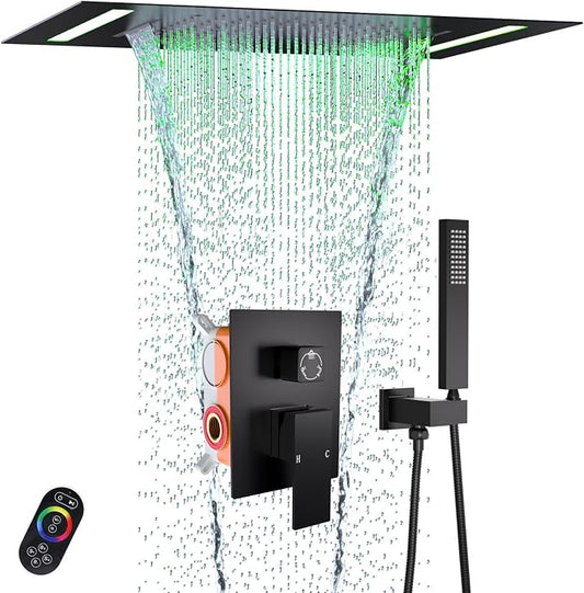 Matte Black LED Spa Shower System Rainfall Waterfall with Handheld | 20x14-Inch Luxury 2 Modes Showerhead with Ligh t Remote Control, 3 Way Mixer Valve