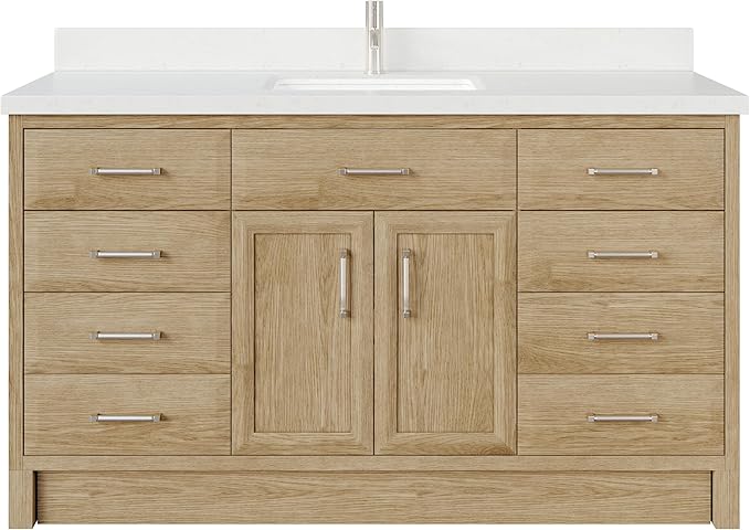 Capri III 60" Single Sink Bathroom Vanity With Stealth Organizer, Solid Wood Bathroom Cabinet with Engineered Stone Countertop & Backspalsh, Soft Closing Door & Drawer, Pre-Assembled, Weathered Oak
