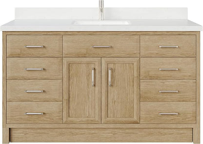 Capri III 60" Single Sink Bathroom Vanity With Stealth Organizer, Solid Wood Bathroom Cabinet with Engineered Stone Countertop & Backspalsh, Soft Closing Door & Drawer, Pre-Assembled, Weathered Oak