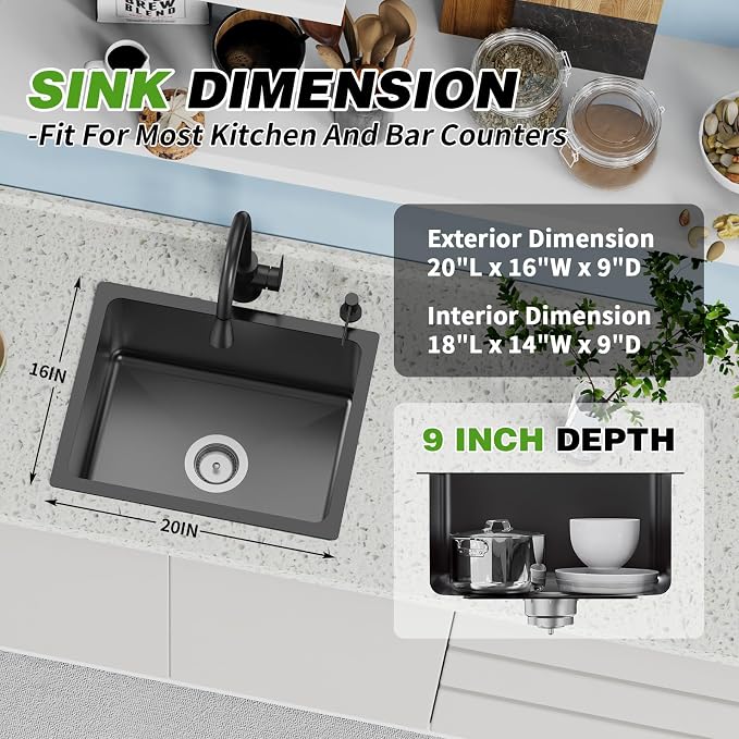 Black 20x16 In Kitchen And Bar Sink- Stainless Steel Undermount Kitchen Sink Modern Single Bowl Drop In Bar Sink With Silicon Mat,Drain Strainer Set Compatibility With Various Kitchen & Bar Style
