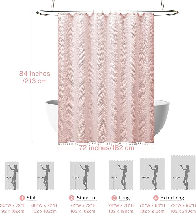 84in Extra Long Shower Curtain Pink Boho Shower Curtain with Tassel 72 x 84 Tufted Leaves Textured Striped Cute Shower Curtains for Bathroom