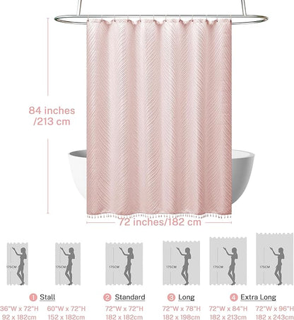 84in Extra Long Shower Curtain Pink Boho Shower Curtain with Tassel 72 x 84 Tufted Leaves Textured Striped Cute Shower Curtains for Bathroom