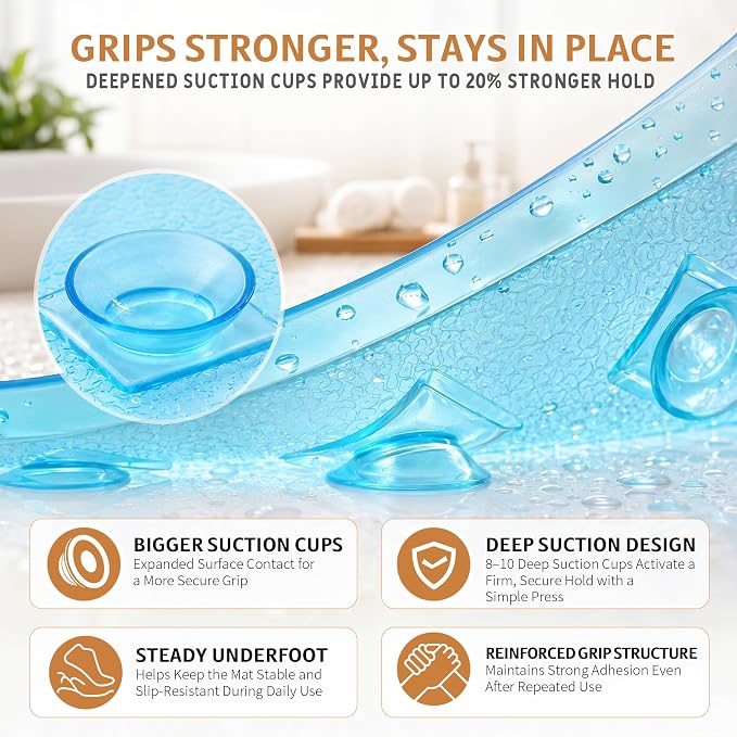 Yimobra Bathtub Mat Non Slip, 35"X16" Shower Mat with Strong Suction Cups & Drain Holes, Long Anti Slip Bath Tub Mat for Inside Shower, Machine Washable Fast Drying, Bathroom Essentials, Clear Blue
