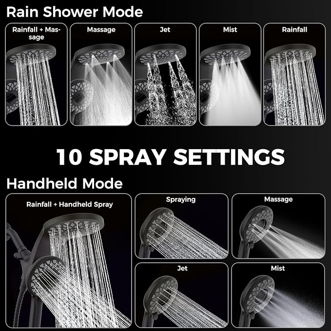 High Pressure Rain Shower Head with Handheld Spray Combo | Detachable Dual Shower Head with 10 Sprays Modes - Upgrade Knob Spray Mode Selector and Magnetic Guidance Docking System