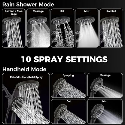 High Pressure Rain Shower Head with Handheld Spray Combo | Detachable Dual Shower Head with 10 Sprays Modes - Upgrade Knob Spray Mode Selector and Magnetic Guidance Docking System