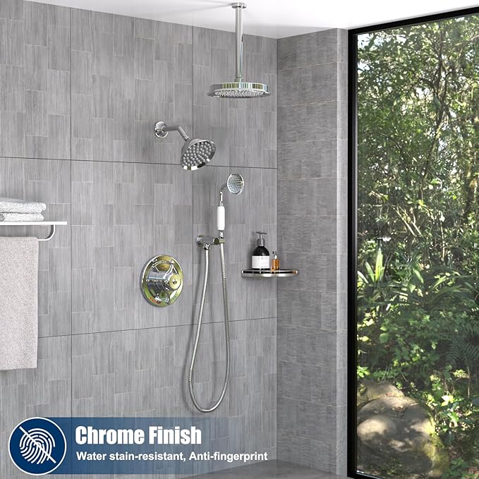 Antique Brass Shower System, 9" & 6" Dual Rain Heads and Handheld Spray Vintage Fixtures, 3-Function Dual Knob Valve with Separate Temperature Control, Chrome