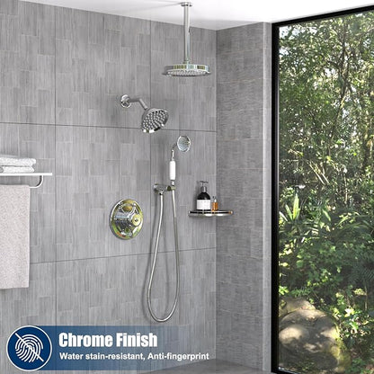 Antique Brass Shower System, 9" & 6" Dual Rain Heads and Handheld Spray Vintage Fixtures, 3-Function Dual Knob Valve with Separate Temperature Control, Chrome