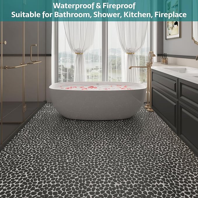 Pebble Tile, Black Pebble Tiles for Shower Floor Kitchen Backsplash Bathroom Wall and Floor Tile, 5 Sheets