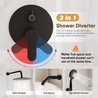 Matte Black Shower System with Tub Spout and 10-Inch Shower Head | All Metal Wall Mounted Bathroom Shower Faucet Set, High Pressure Shower Head and Handheld Combo Set Include valve and Trim