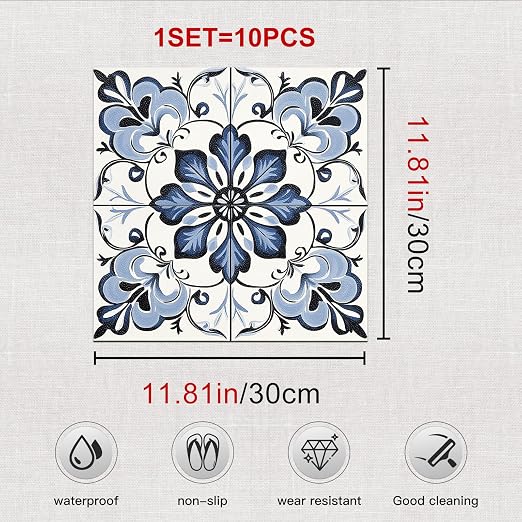 Blue Floral Scrollwork Peel and Stick Floor Tiles 12x12 Inch 10PCS | Blue and white floral scrollwork pattern vinyl floor stickers for kitchen bathroom entryway and indoor home decor