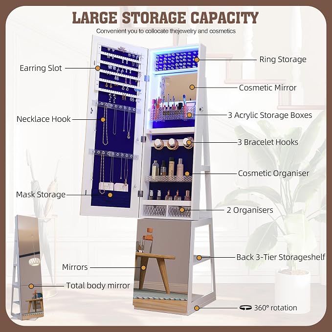 FOCALWEET LED Lockable Mirror Jewelry Cabinet, 360° Swivel Jewelry Organizer Armoire Standing, Frameless Full-Length Mirror, 63'' Standing Jewelry Mirror with Storage for Jewelry, White
