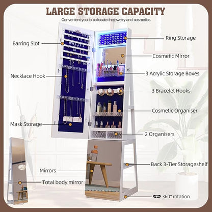 FOCALWEET LED Lockable Mirror Jewelry Cabinet, 360° Swivel Jewelry Organizer Armoire Standing, Frameless Full-Length Mirror, 63'' Standing Jewelry Mirror with Storage for Jewelry, White