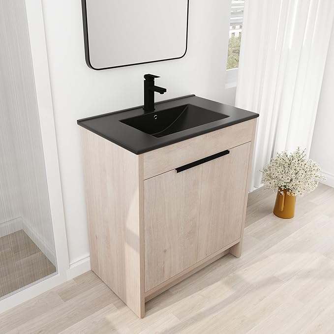 30'' Freestanding Bathroom Vanity, 30 Inch Floor Stand Bathroom Vanity with Sink, Single Black Sink Cabinet Set, Modern Storage Cabinet, with Soft Closing Door, 02430PLO+9075BK