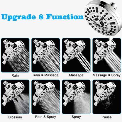 5.1-Inch Rainfall Shower Head with 63 Jets, 8 Spray Modes - Chrome Finish, Brass Angle-Adjustable, Anti-Clogging Silicone Nozzles