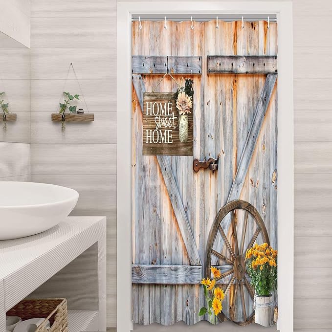 Rustic Barn Door Shower Curtain for Bathroom, Western Farmhouse Yellow Daisy Floral Small Size RV Bath Curtain Sets for Campers,Fabric Countryside Wooden Cabin Decor Curtains with Hooks 36X70IN