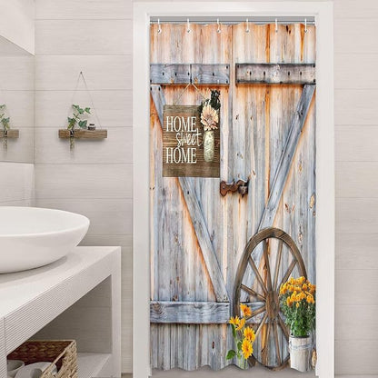Rustic Barn Door Shower Curtain for Bathroom, Western Farmhouse Yellow Daisy Floral Small Size RV Bath Curtain Sets for Campers,Fabric Countryside Wooden Cabin Decor Curtains with Hooks 36X70IN