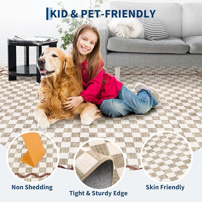 Garvee Washable 8x10 Area Rug for Living Room Neutral Checkered Cherry | Coquette Non Slip Soft Bedroom Rugs Non Shedding Low Pile Stain Resistant Carpet for Nursery Grils Dorm Playroom Office