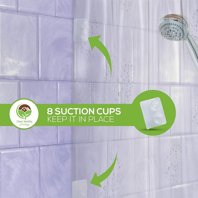 Clean Healthy Living PEVA Shower Curtain Liner, Clear, 70 x 71 in, Premium | Premium PEVA shower liner, Clear, 70 x 71 in; magnets and suction cups help reduce shifting along the tub or shower.