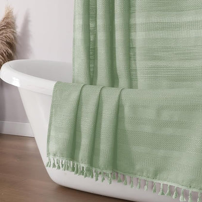 Light Green Shower Curtain for Bathroom, Boho Linen Textured Shower Curtain with Tassel, Rustic Striped Heavy Duty Vintage Country Bathroom Curtain, 72Wx72L Inches