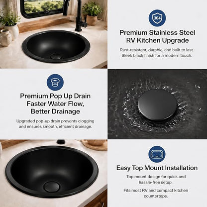 LQS 13 x 13 Inch Round RV Sink, Black Bar Sink, Stainless Steel Drop-In | Small RV Sink For Camper Kitchens Or Bathrooms; Compact RV Bathroom Sink With 5.31-Inch Bowl And Drain Assembly Included